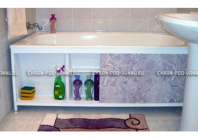Экран в ванную комнату с полкой - Голубой мрамор раздвижной картинка 2